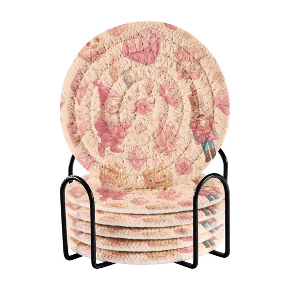 6 Pcs Drink Coasters with Holder 3.94in Woven Coasters for Drinks Pink Christmas Elements Coaster Set for Protection Table