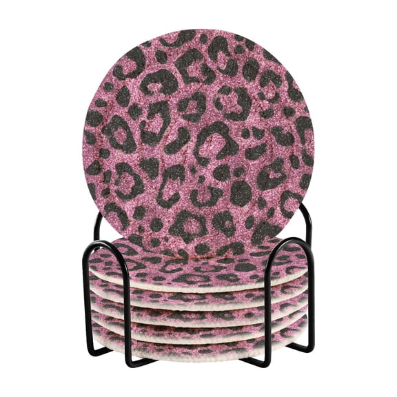 6 Pcs Drink Coasters with Holder 3.94in Woven Coasters for Drinks Pink Glitter Cheetah Print Coaster Set for Protection Table
