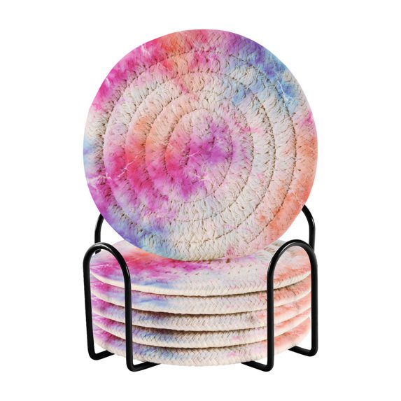 6 Pcs Drink Coasters with Holder 3.94in Woven Coasters for Drinks Pink and Blue Tie-dye Pattern Coaster Set for Protection Table