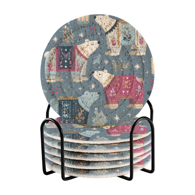 6 Pcs Drink Coasters with Holder 3.94in Woven Coasters for Drinks Polar Bear Pattern Coaster Set for Protection Table