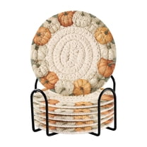 6 Pcs Drink Coasters with Holder 3.94in Woven Coasters for Drinks Pumpkin Wreath Pattern Coaster Set for Protection Table