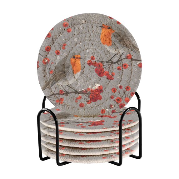 6 Pcs Drink Coasters with Holder 3.94in Woven Coasters for Drinks Red Berries and Robin Birds Coaster Set for Protection Table