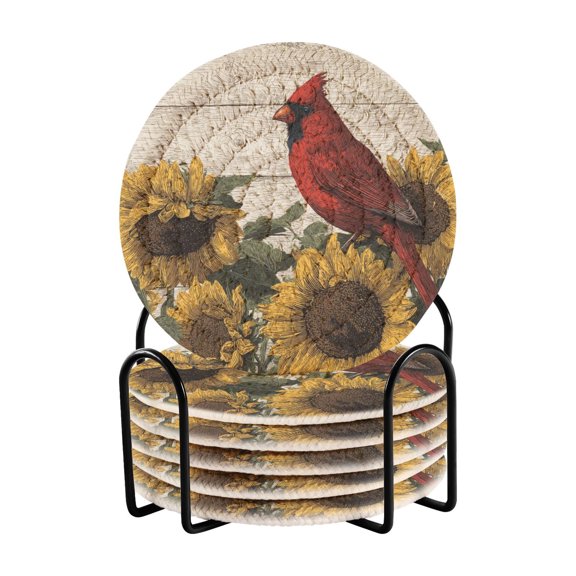 6 Pcs Drink Coasters with Holder 3.94in Woven Coasters for Drinks Red Bird Sitting on Sunflower Coaster Set for Protection Table
