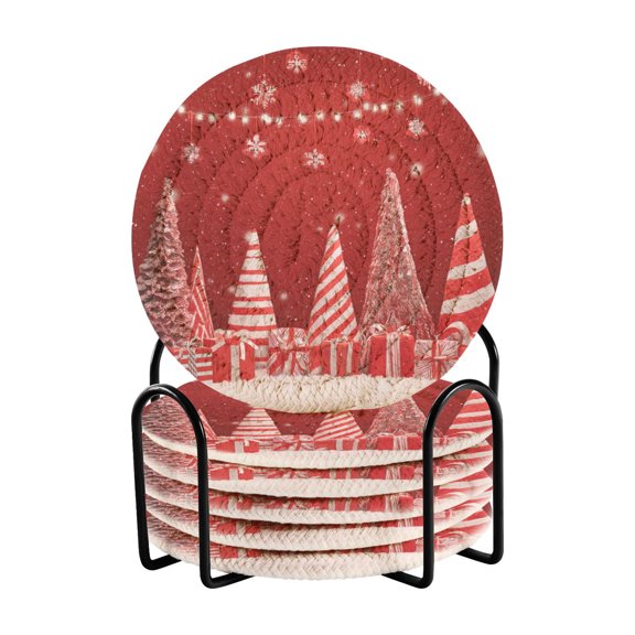 6 Pcs Drink Coasters with Holder 3.94in Woven Coasters for Drinks Red Christmas Tree and Lights Coaster Set for Protection Table