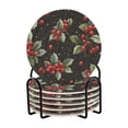 thumbnail image 1 of 6 Pcs Drink Coasters with Holder 3.94in Woven Coasters for Drinks Red Holly Berries Pattern Coaster Set for Protection Table, 1 of 7