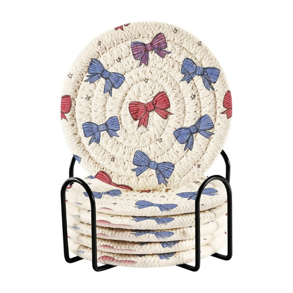 6 Pcs Drink Coasters with Holder 3.94in Woven Coasters for Drinks Red and Blue Stripe Bows Coaster Set for Protection Table