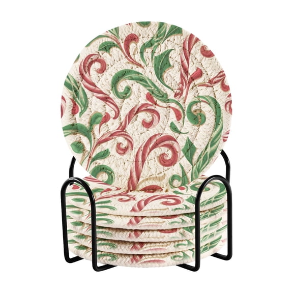 6 Pcs Drink Coasters with Holder 3.94in Woven Coasters for Drinks Red and Green Candy-cane Coaster Set for Protection Table