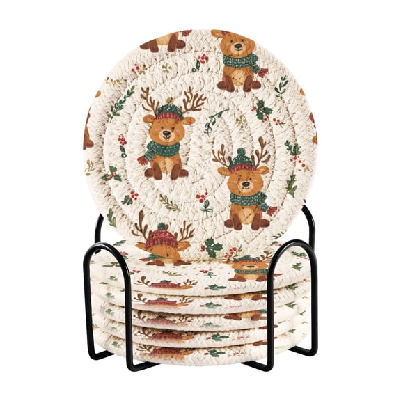 6 Pcs Drink Coasters with Holder 3.94in Woven Coasters for Drinks Reindeer with Scarf Pattern Coaster Set for Protection Table