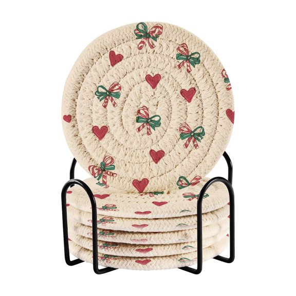 6 Pcs Drink Coasters with Holder 3.94in Woven Coasters for Drinks Ribbons and Hearts Pattern Coaster Set for Protection Table