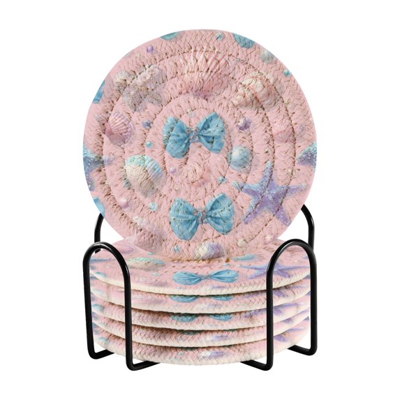 6 Pcs Drink Coasters with Holder 3.94in Woven Coasters for Drinks Seashells and Bows Coaster Set for Protection Table