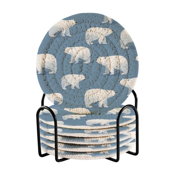 6 Pcs Drink Coasters with Holder 3.94in Woven Coasters for Drinks Simple Polar Bears Pattern Coaster Set for Protection Table