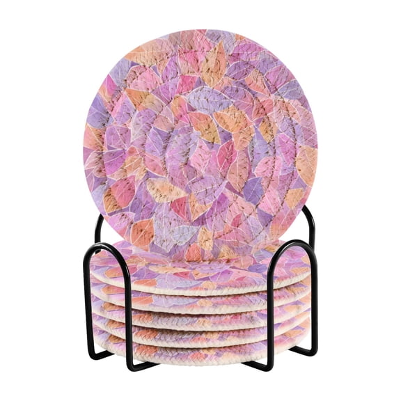 6 Pcs Drink Coasters with Holder 3.94in Woven Coasters for Drinks Small Colors Shapes Coaster Set for Protection Table