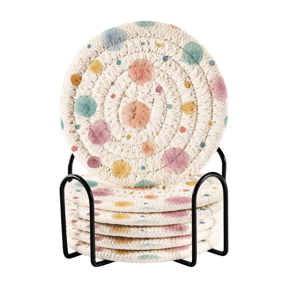 6 Pcs Drink Coasters with Holder 3.94in Woven Coasters for Drinks Small Watercolor Splashes and Dots Coaster Set for Protection Table