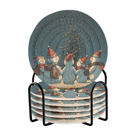 6 Pcs Drink Coasters with Holder 3.94in Woven Coasters for Drinks Snowman with A Christmas Hat Coaster Set for Protection Table