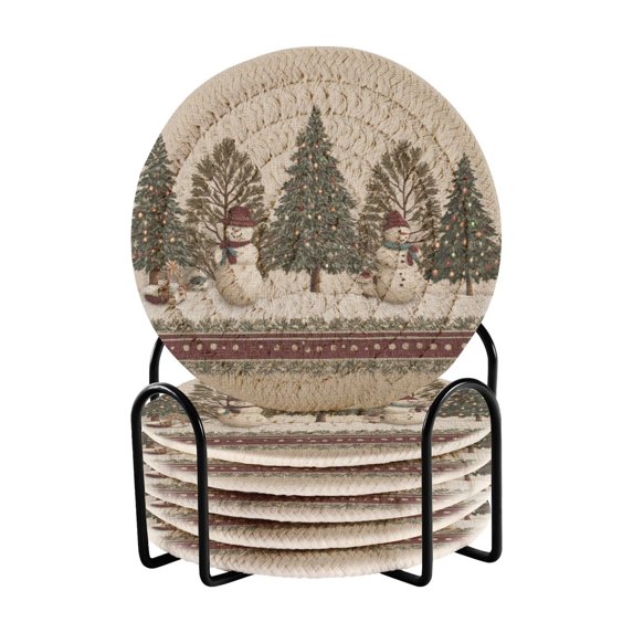 6 Pcs Drink Coasters with Holder 3.94in Woven Coasters for Drinks Snowmen and Deer in The Forest Coaster Set for Protection Table