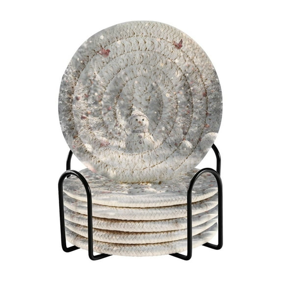 6 Pcs Drink Coasters with Holder 3.94in Woven Coasters for Drinks Snowy Winter Landscape Coaster Set for Protection Table