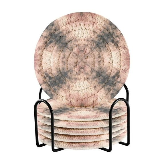 6 Pcs Drink Coasters with Holder 3.94in Woven Coasters for Drinks Soft Pink Tie-dye Pattern Coaster Set for Protection Table