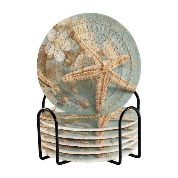 6 Pcs Drink Coasters with Holder 3.94in Woven Coasters for Drinks Starfish with Flowers Coaster Set for Protection Table
