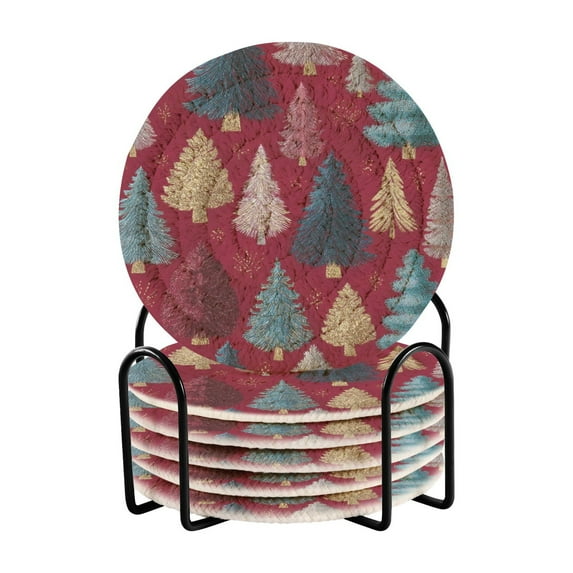 6 Pcs Drink Coasters with Holder 3.94in Woven Coasters for Drinks Stylized Christmas Trees Coaster Set for Protection Table