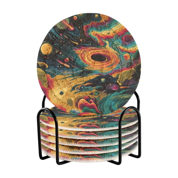 6 Pcs Drink Coasters with Holder 3.94in Woven Coasters for Drinks Swirling Galaxy Coaster Set for Protection Table