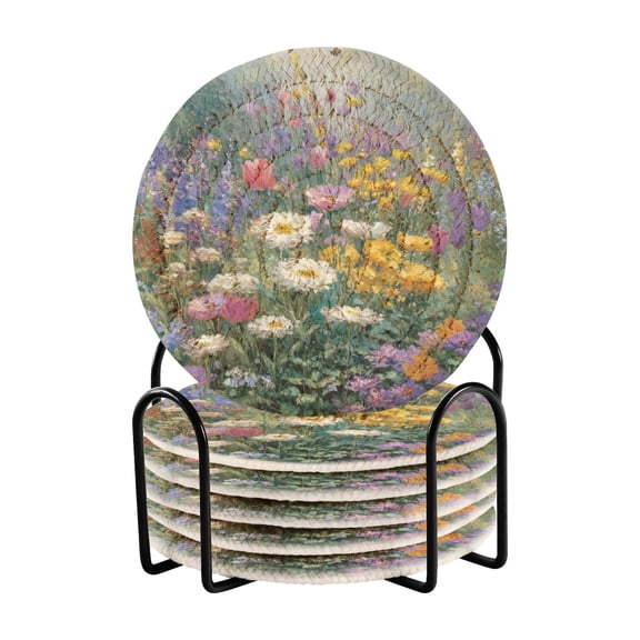 6 Pcs Drink Coasters with Holder 3.94in Woven Coasters for Drinks Vibrant Garden Filled Coaster Set for Protection Table