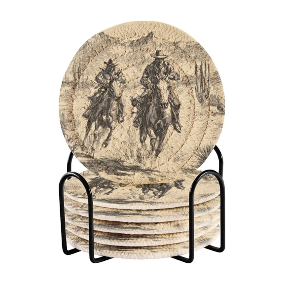 6 Pcs Drink Coasters with Holder 3.94in Woven Coasters for Drinks Vintage Cowboy Illustration Coaster Set for Protection Table