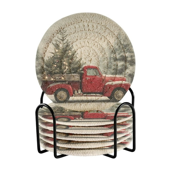 6 Pcs Drink Coasters with Holder 3.94in Woven Coasters for Drinks Vintage Red Truck Coaster Set for Protection Table