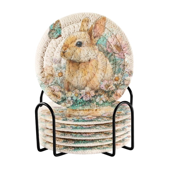 6 Pcs Drink Coasters with Holder 3.94in Woven Coasters for Drinks Watercolor Adorable Bunny Coaster Set for Protection Table