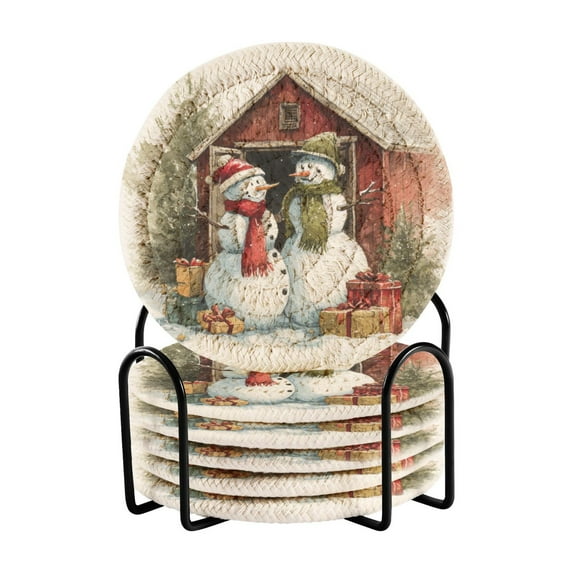 6 Pcs Drink Coasters with Holder 3.94in Woven Coasters for Drinks Watercolor Clipart Snowmen Coaster Set for Protection Table