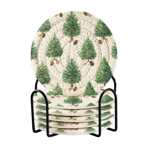6 Pcs Drink Coasters with Holder 3.94in Woven Coasters for Drinks Watercolor Green Christmas Tree Coaster Set for Protection Table