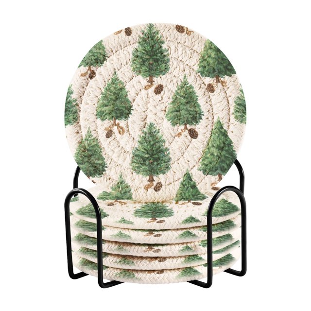 6 Pcs Drink Coasters with Holder 3.94in Woven Coasters for Drinks Watercolor Green Christmas Tree Coaster Set for Protection Table
