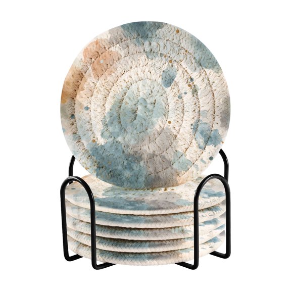 6 Pcs Drink Coasters with Holder 3.94in Woven Coasters for Drinks Watercolor Ink Splashes Pattern Coaster Set for Protection Table