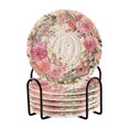 thumbnail image 1 of 6 Pcs Drink Coasters with Holder 3.94in Woven Coasters for Drinks Watercolor Pink Roses Wreath Coaster Set for Protection Table, 1 of 7