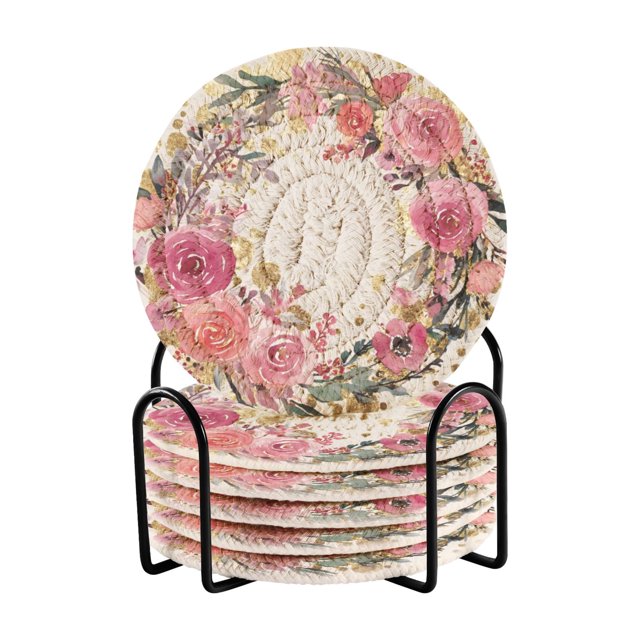 6 Pcs Drink Coasters with Holder 3.94in Woven Coasters for Drinks Watercolor Pink Roses Wreath Coaster Set for Protection Table