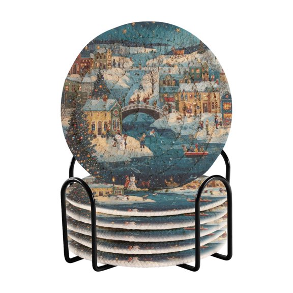 6 Pcs Drink Coasters with Holder 3.94in Woven Coasters for Drinks Whimsical Christmas Scene Coaster Set for Protection Table