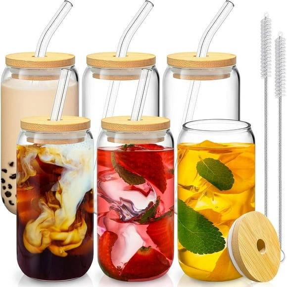 6 Pcs Drinking Glasses with Bamboo Lids and Glass Straw - 16 Oz Can Shaped Glass Cups for Beer, Ice Coffee, Cute Tumbler Cup Great for Soda Boba Tea Cocktail Include 2 Cleaning Brushes