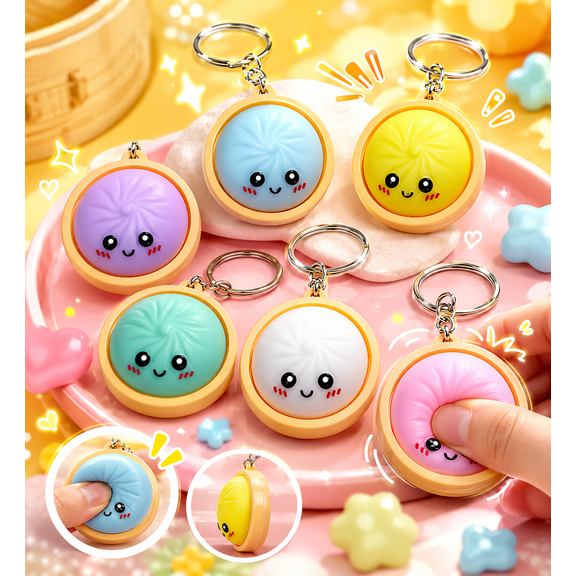 6 Pcs Dumpling Keychain, Mini Dumpling Squishies Stress Relief Fidget Clicker Keychain, Hard-Plastic Anxiety Relief & Focus Boost Quiet Toys for Adults