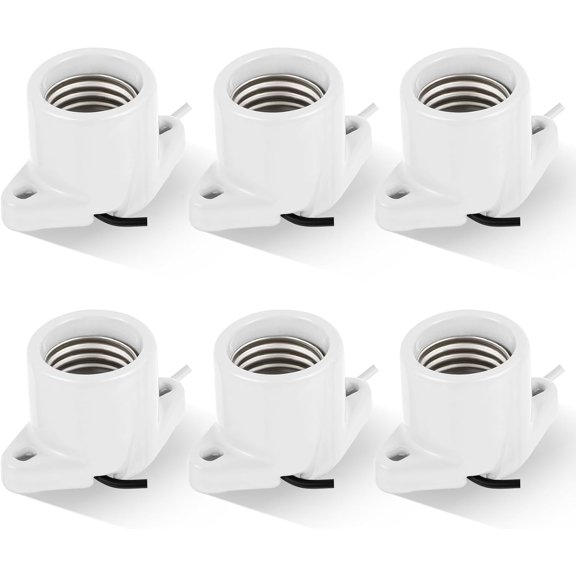6 Pcs E26 Light Socket Medium Base Porcelain Lamp Holder Keyless Cleat Bulb Socket with Two Hole Flanged Mounting with 6" Leads for Home Room Garage Closet Indoor Outdoor Lighting