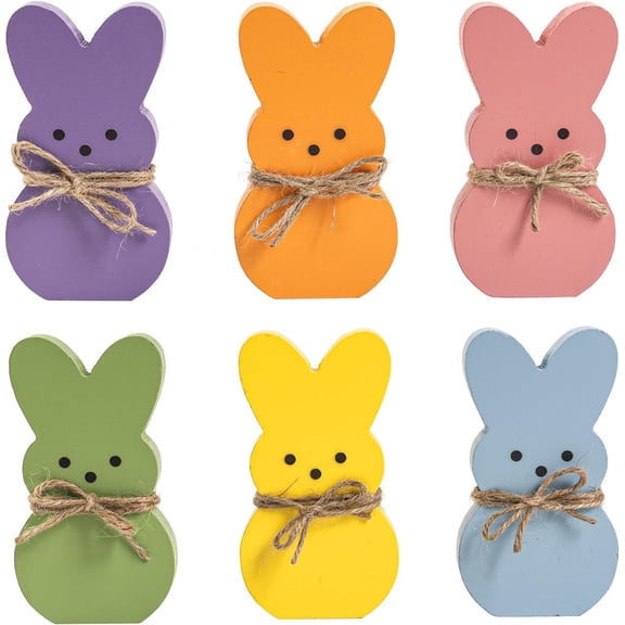 6 Pcs Easter Bunny Decorations for Home Indoor, Wooden Peeps Easter Sign Rabbit Figurines, Spring Living Room Table Centerpiece Mantel Shelf Tiered Tray Office Desk Top Decor Party Supplies