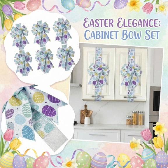6 Pcs Easter Cabinet Bows with Long Ribbon (76"), Pastel Easter Egg Pattern Fabric Bows for Kitchen Cupboards, Adjustable Spring Holiday Decor for Windows & Doors