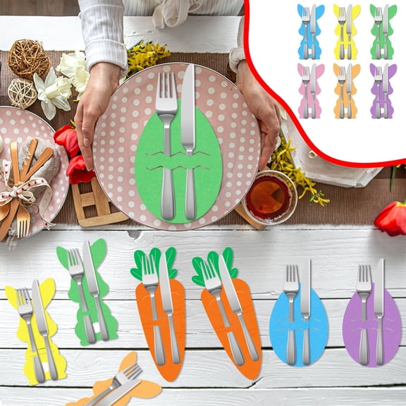 6 Pcs Easter Cutlery Holders Easter Rabbit Tableware Utensil Holder Bag Silverware Pouch Bags for Knife forks organizer Home Spring Easter Party Table Decoration