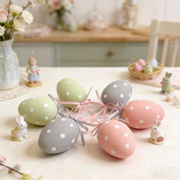 6 Pcs Easter Egg Stuffers​ Green Pink Polka Dot Eggs and Ribbon Ties Holiday Ornaments Easter Basket Stuffers Table Centerpiece