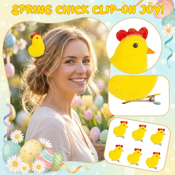 6 Pcs Easter Flocked Chickens - Foam Flocked, Festive, With Clips, Easter Party Decor, Tabletop Decorations - For Home Decor, Party Supplies, Easter Egg Hunts, Classroom Decor,