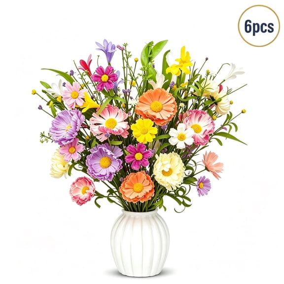 6 Pcs Artificial Daisy Flower Bouquet, Realistic Faux Silk Flowers with Greenery for Vase Arrangement Home Office Table Centerpiece Decor