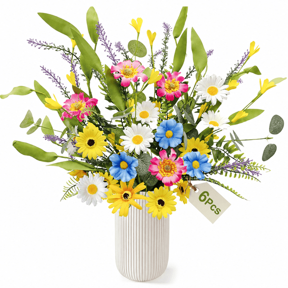 6 Pcs Easter Floral Centerpieces for Tables with Vase, Spring Artificial Flower Arrangement with Daisy Lavender Picks, Farmhouse Vintage Decor for Dining Home