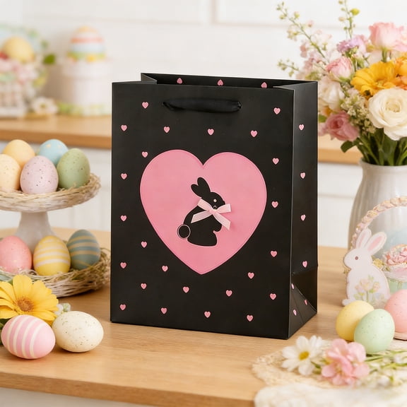 6 Pcs Easter Gift Bags, Bunny Print Paper Gift Sacks with Ribbon Bows, Sturdy Holiday Favor Bags for Chocolates Greeting Cards and Small Presents, Bunny Themed Party Gift Wrap