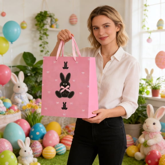 6 Pcs Easter Gift Bags, Bunny Print Paper Gift Sacks with Ribbon Bows, Sturdy Holiday Favor Bags for Chocolates Greeting Cards and Small Presents, Bunny Themed Party Gift Wrap