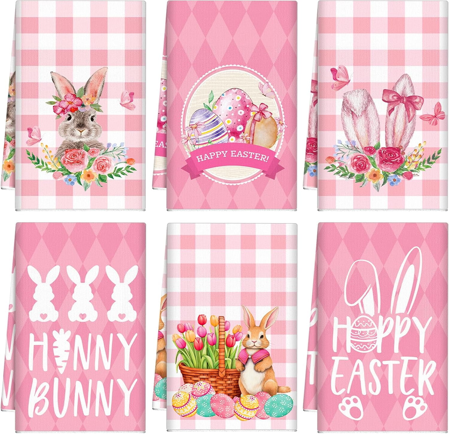 6 Pcs Easter Kitchen Towels Pink Bunny Dish Cotton Buffalo Plaid Happy Easter Hand Rabbits Spring Flowers Eggs Tea Towels for Bathroom Home Housewarming Gift