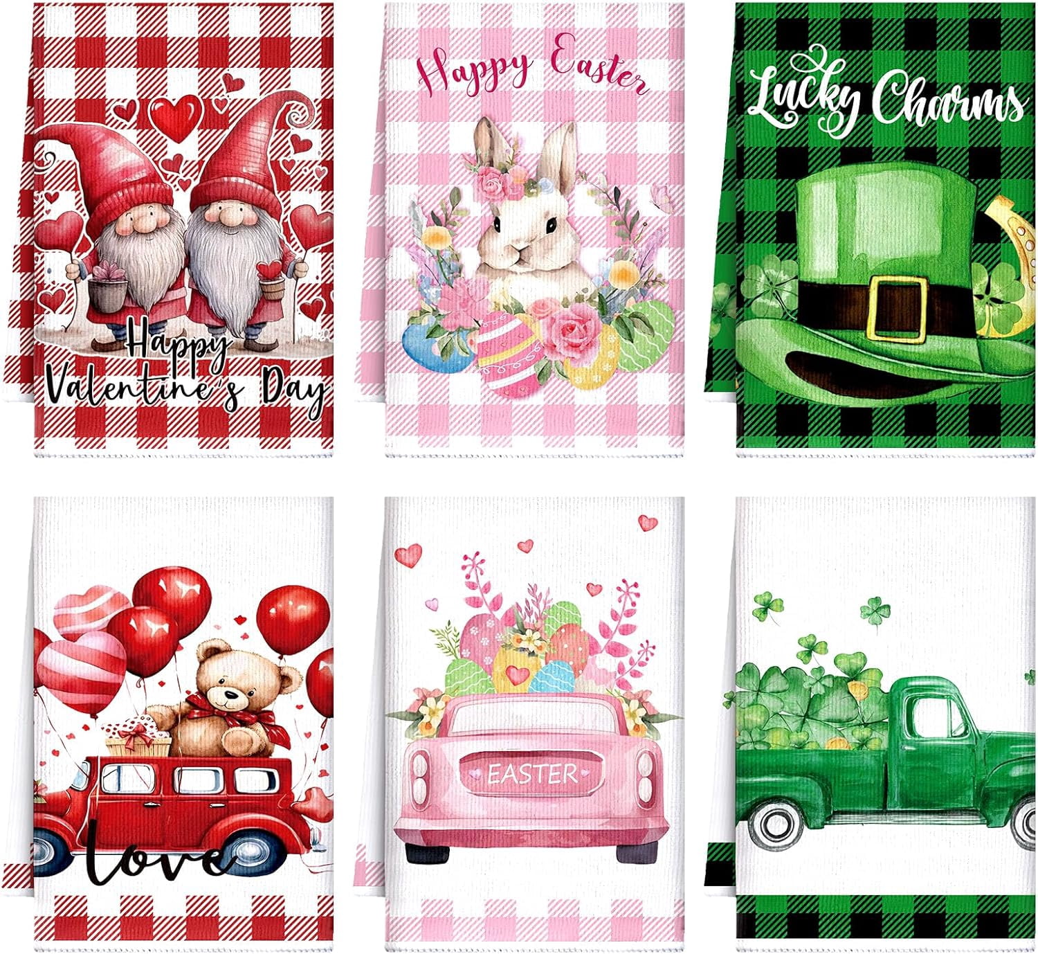 6 Pcs Easter Kitchen Towels St. Patrick''s Day Valentine''s Day Dish Hand Towels 23.62 x 15.75 Decorative Holiday Heart Gnome Shamrock Bunny Tea Dry Cloth‌ for Seasonal Kitchen Bathroom Decor