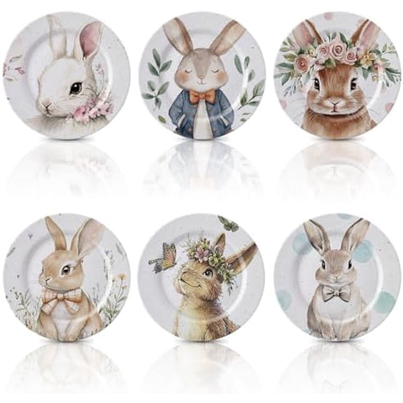 6 Pcs Easter Plates Melamine Bunny Dinnerware Set 8 Inch Reusable Bunny Round Plates Rabbit Dishes Easter Gifts Dinnerware for Dinner Salad Dessert Pasta Spring Birthday Party Supplies$$